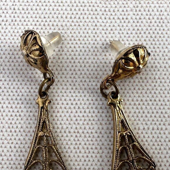 Vintage Gold Tone Filigree Dangle Earrings With Faux Seed Pearls For Pierced Ear - Picture 6 of 10